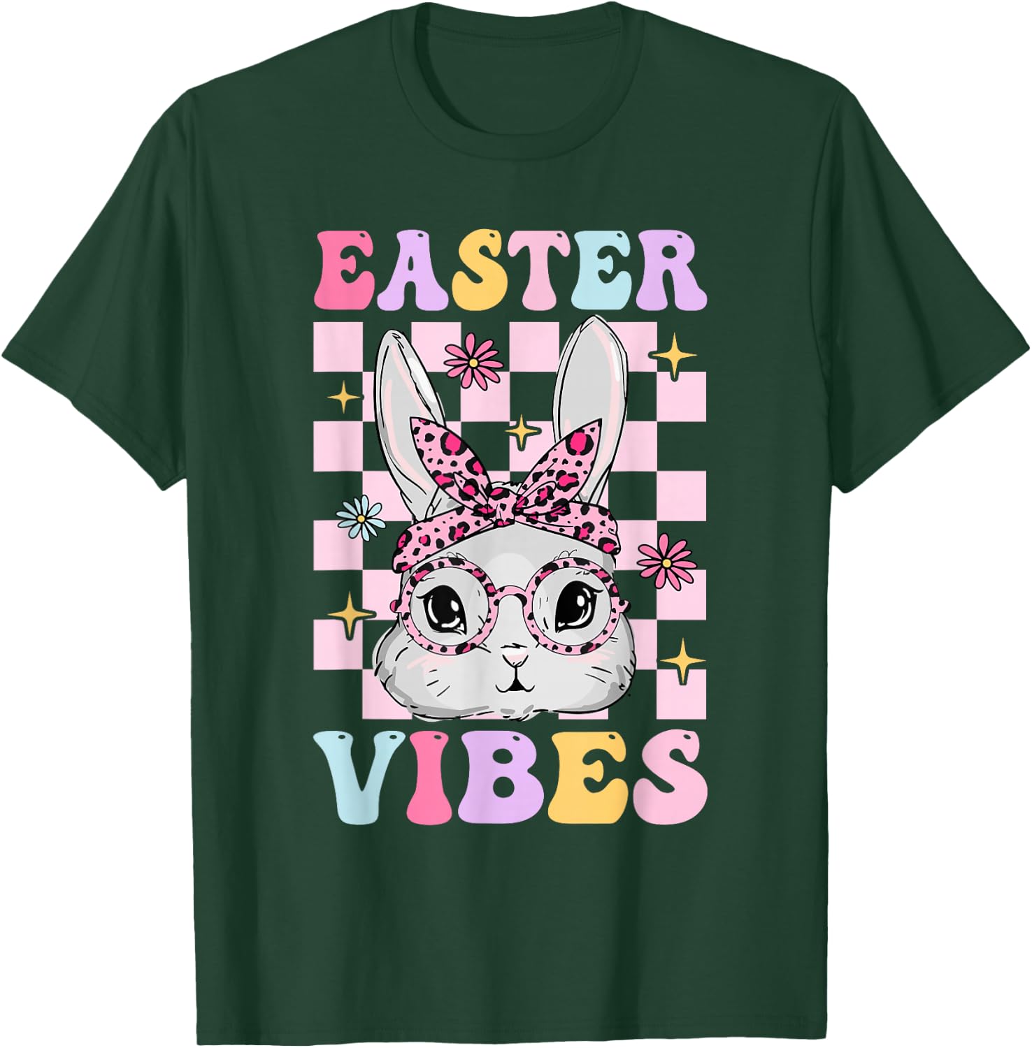 Retro Groovy Easter Vibes Bunny Checkered For Girls T-Shirt - T-Shirt | Forest