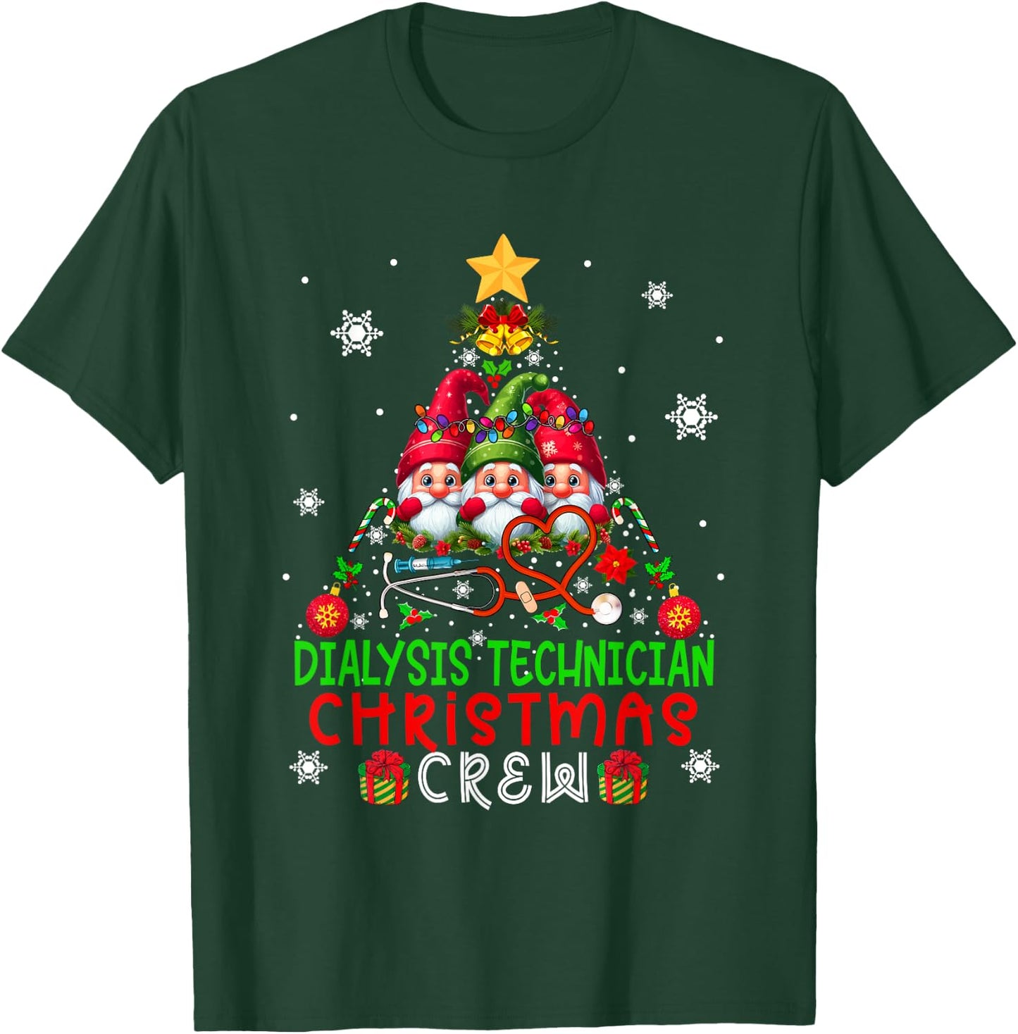 Dialysis Technician Christmas Crew Three Gnomes Xmas Tree T-Shirt - T-Shirt | Forest
