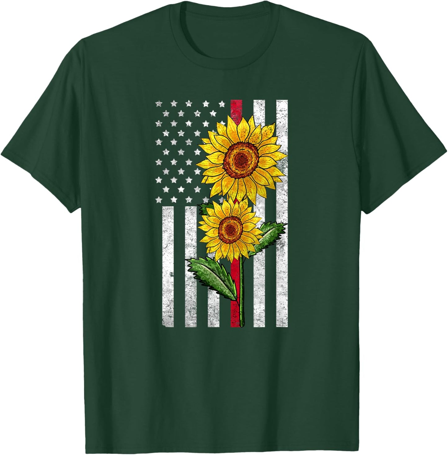Sunflower Thin Red Line USA American Flag Firefighter Wife T-Shirt - T-Shirt | Forest