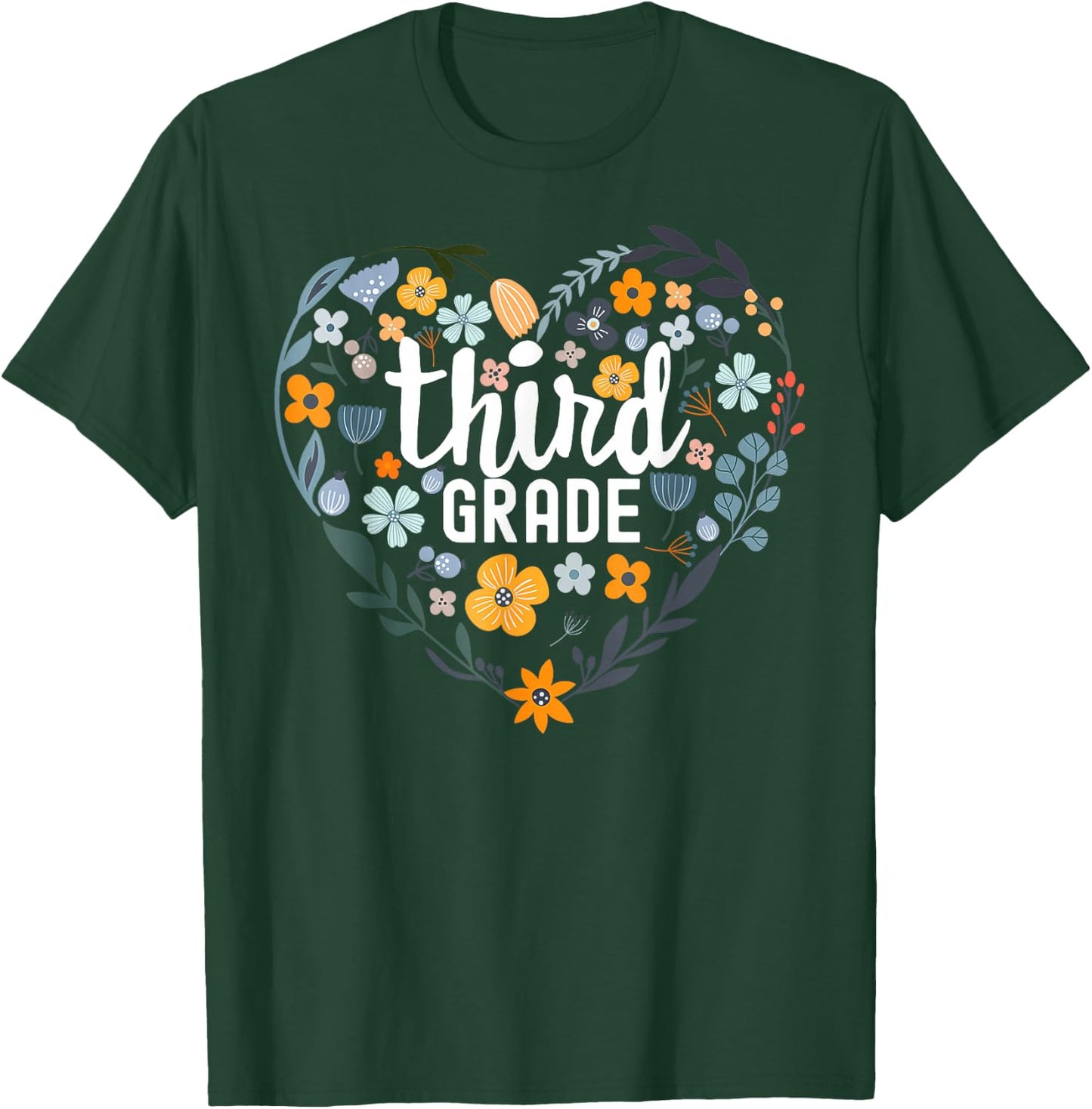 Third 3rd Grade Floral Heart Back To School Wildflower Women T-Shirt - T-Shirt | Forest