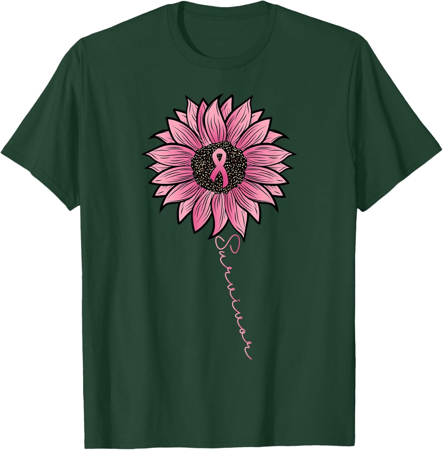 Sunflower Pink Ribbon Breast Cancer Survivor Awareness Women T-Shirt - T-Shirt | Forest