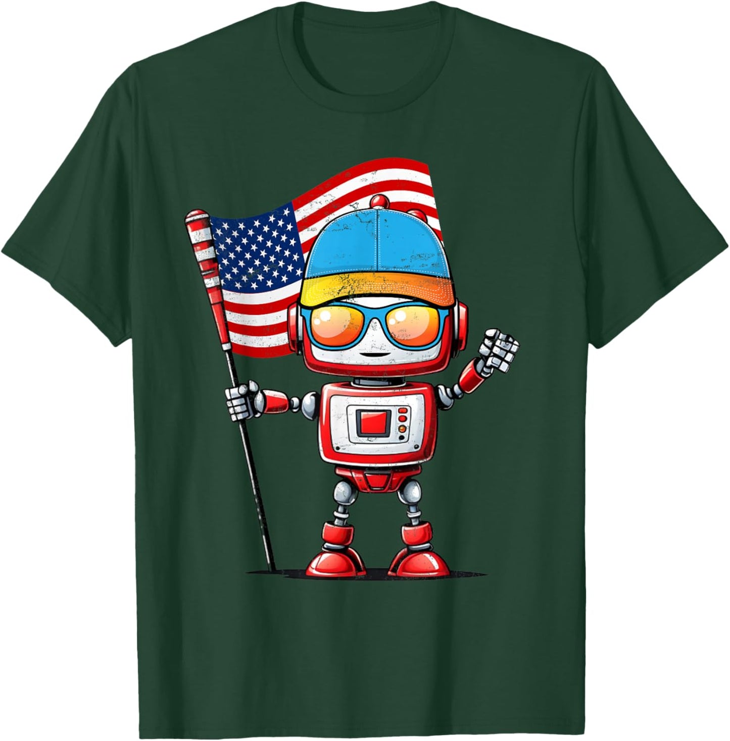 Funny Robot 4th Of July American USA Flag Robotics Kids Boys T-Shirt - T-Shirt | Forest