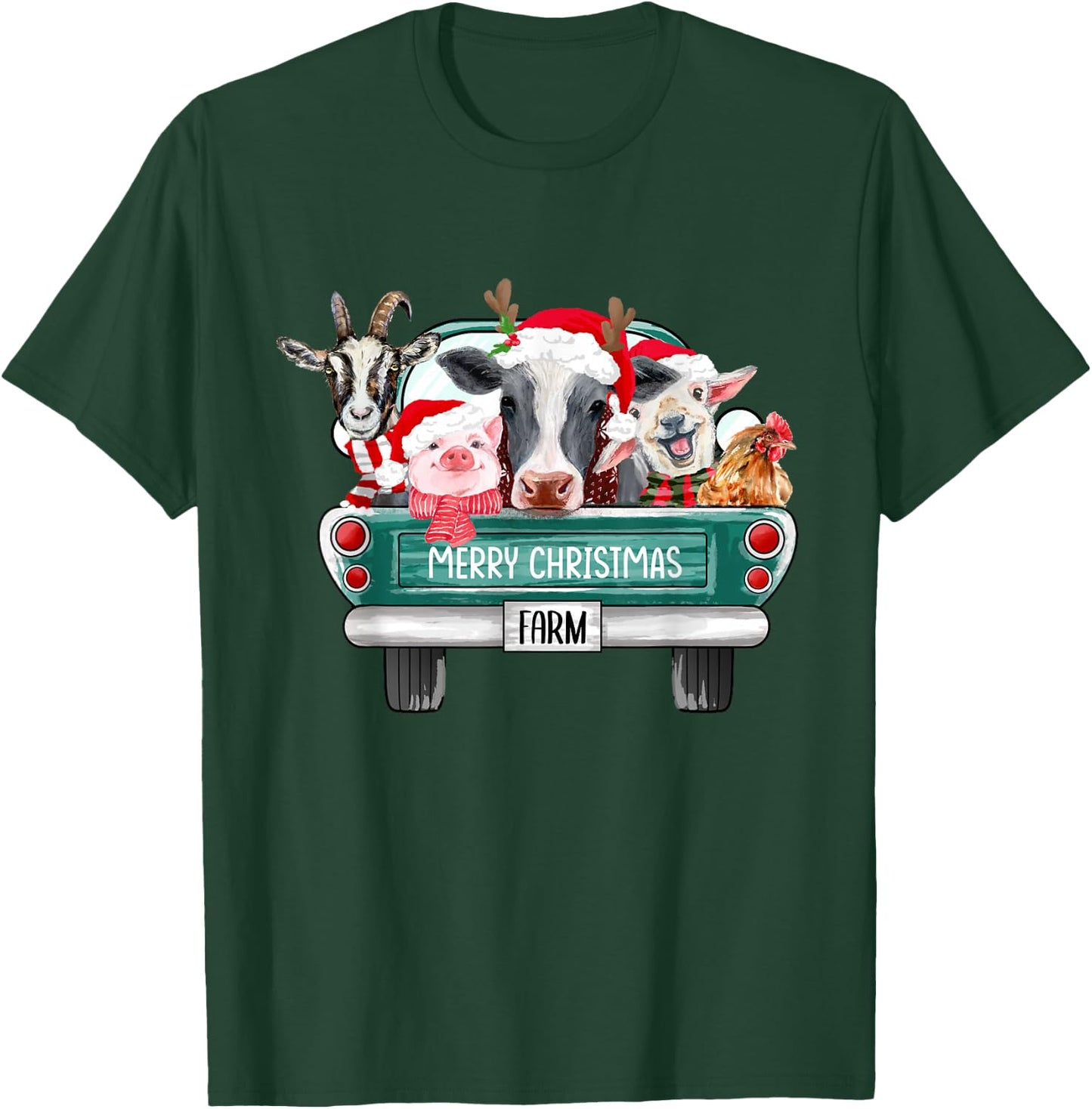 Christmas Farm Animals Truck Santa Hat Family Pajamas Xmas T-Shirt - T-Shirt | Forest