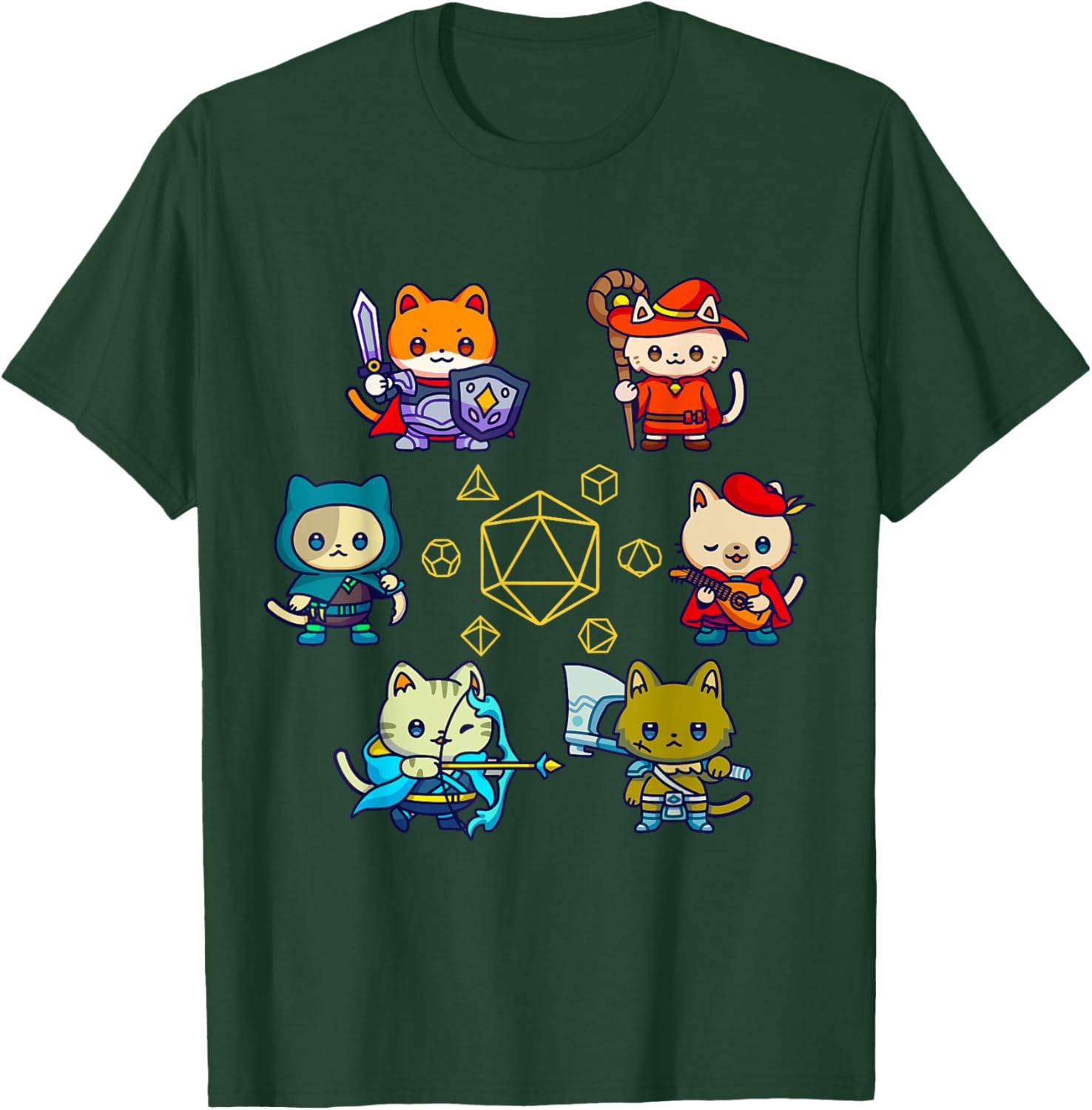 RPG Gamer Cats D20 Dice Nerdy Geek Cat Men Women Kids T-Shirt - T-Shirt | Forest