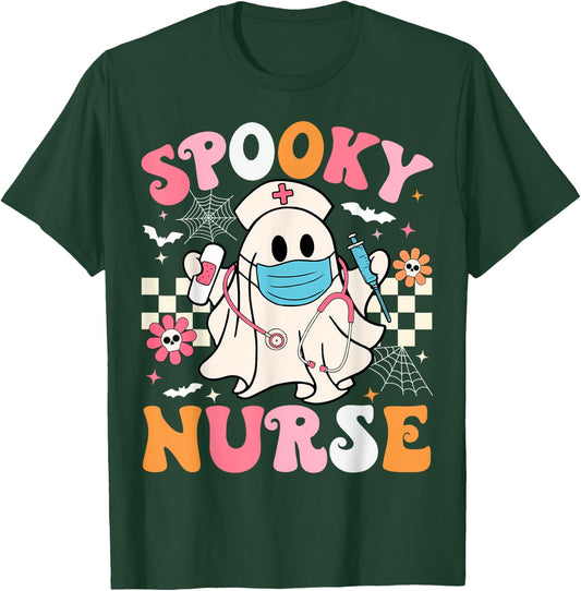 Spooky Nurse Ghost Halloween Cute Groovy Nursing Halloween T-Shirt - T-Shirt | Forest