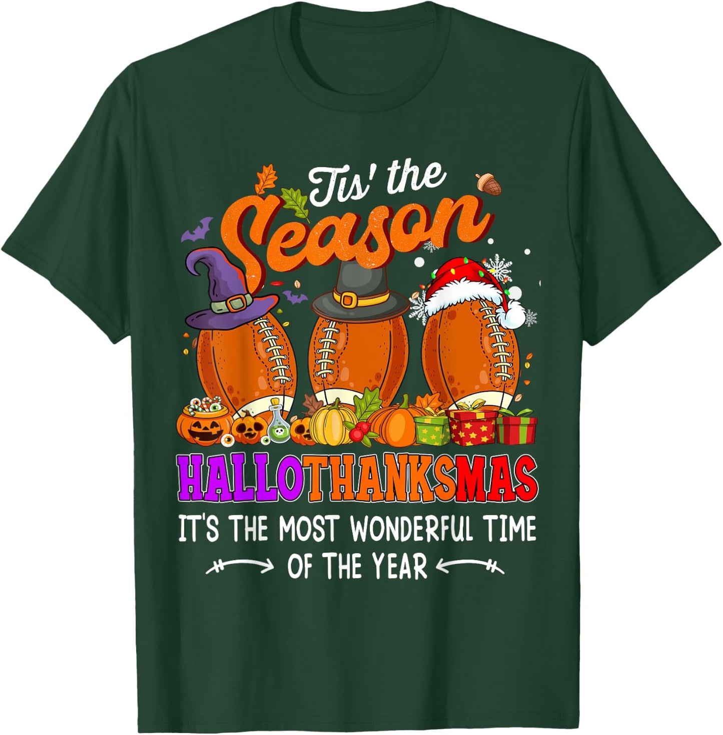 Happy HalloThanksMas Funny Halloween Thanksgiving Christmas T-Shirt - T-Shirt | Forest
