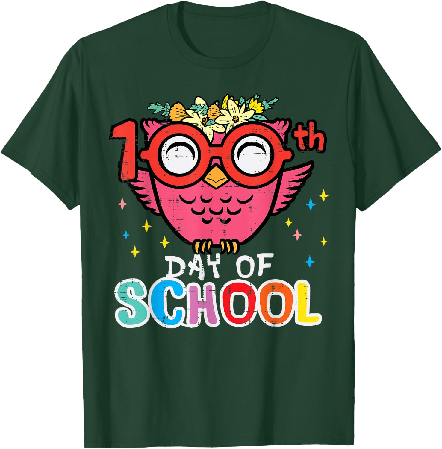 100th Day Of School Owl 100 Days Girls Boys Kids Teacher T-Shirt - T-Shirt | Forest