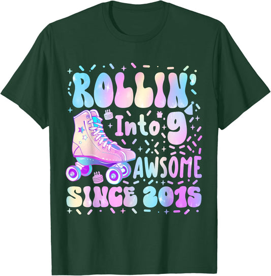 Roller Skate 9th Birthday Rolling Into 9 Since 2015 Girl Boy T-Shirt - T-Shirt | Forest