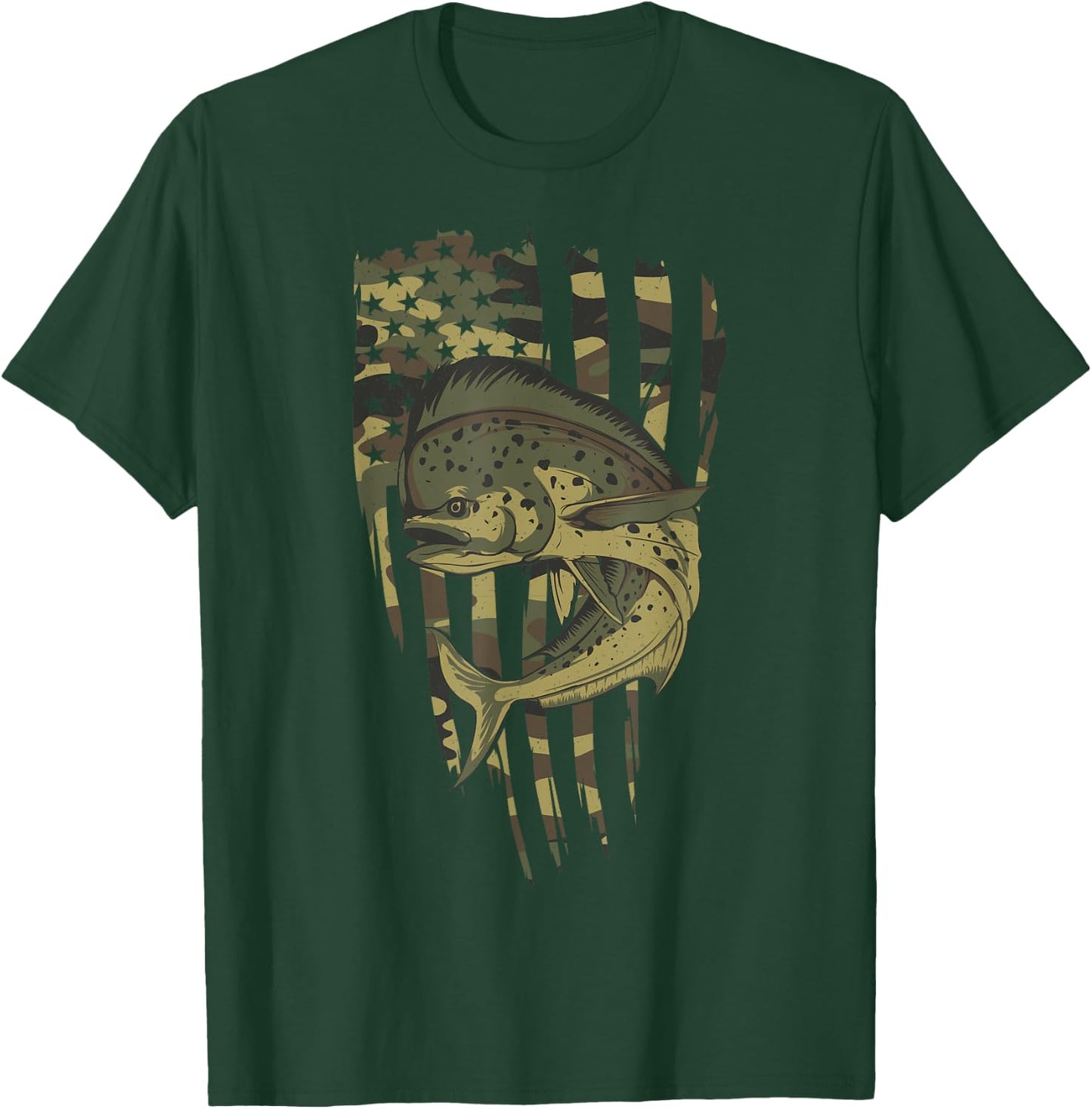 Vintage US Flag Camo Mahi Mahi Fishing T-Shirt - T-Shirt | Forest
