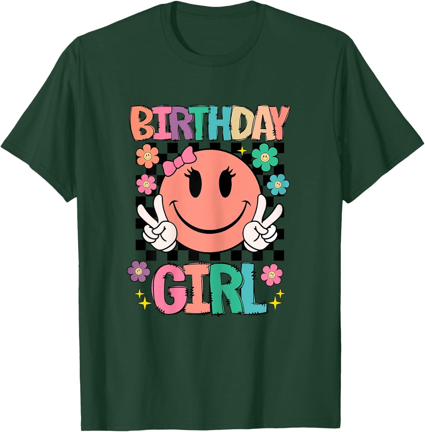 Birthday Girl Daisy Happy Face Checkered Pattern Smile Face T-Shirt - T-Shirt | Forest
