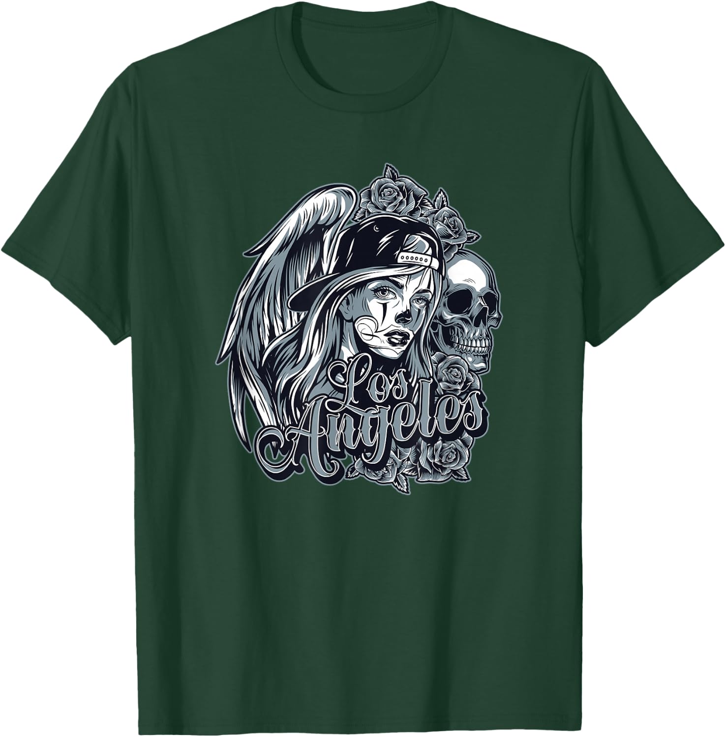Los Angeles Chicana Design With Skulls Roses and Angel Wings T-Shirt - T-Shirt | Forest