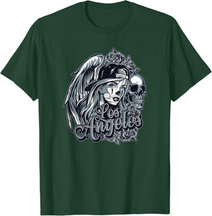 Los Angeles Chicana Design With Skulls Roses and Angel Wings T-Shirt - T-Shirt | Forest
