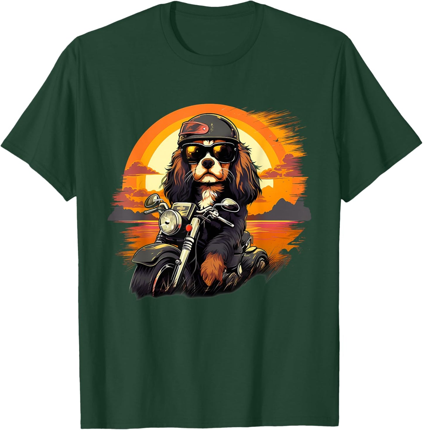 Biker Cavalier King Charles Spaniel Dog Riding Motorcycle T-Shirt - T-Shirt | Forest