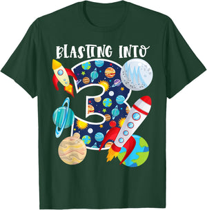 Blasting Into Outer Space 3 Year Old 3rd Birthday Party Kids T-Shirt - T-Shirt | Forest