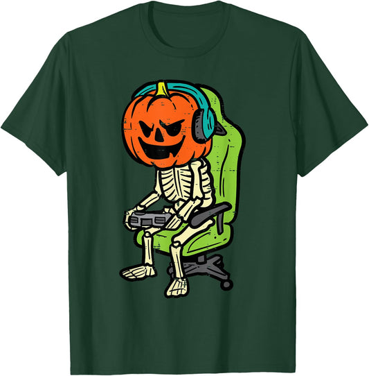 Halloween Gamer Skeleton Pumpkin Costume Men Boys Kids Teen T-Shirt - T-Shirt | Forest
