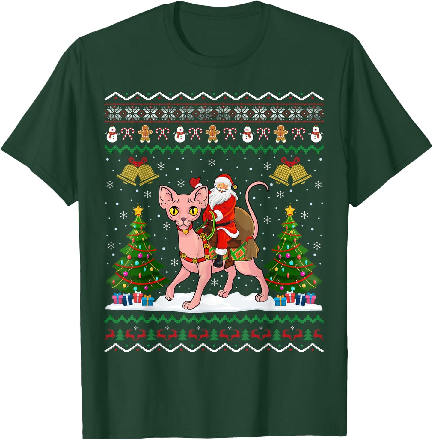 Ugly Sphynx Cat Xmas Gift Santa Riding Sphynx Cat Christmas Women Kids T-Shirt - T-Shirt | Forest