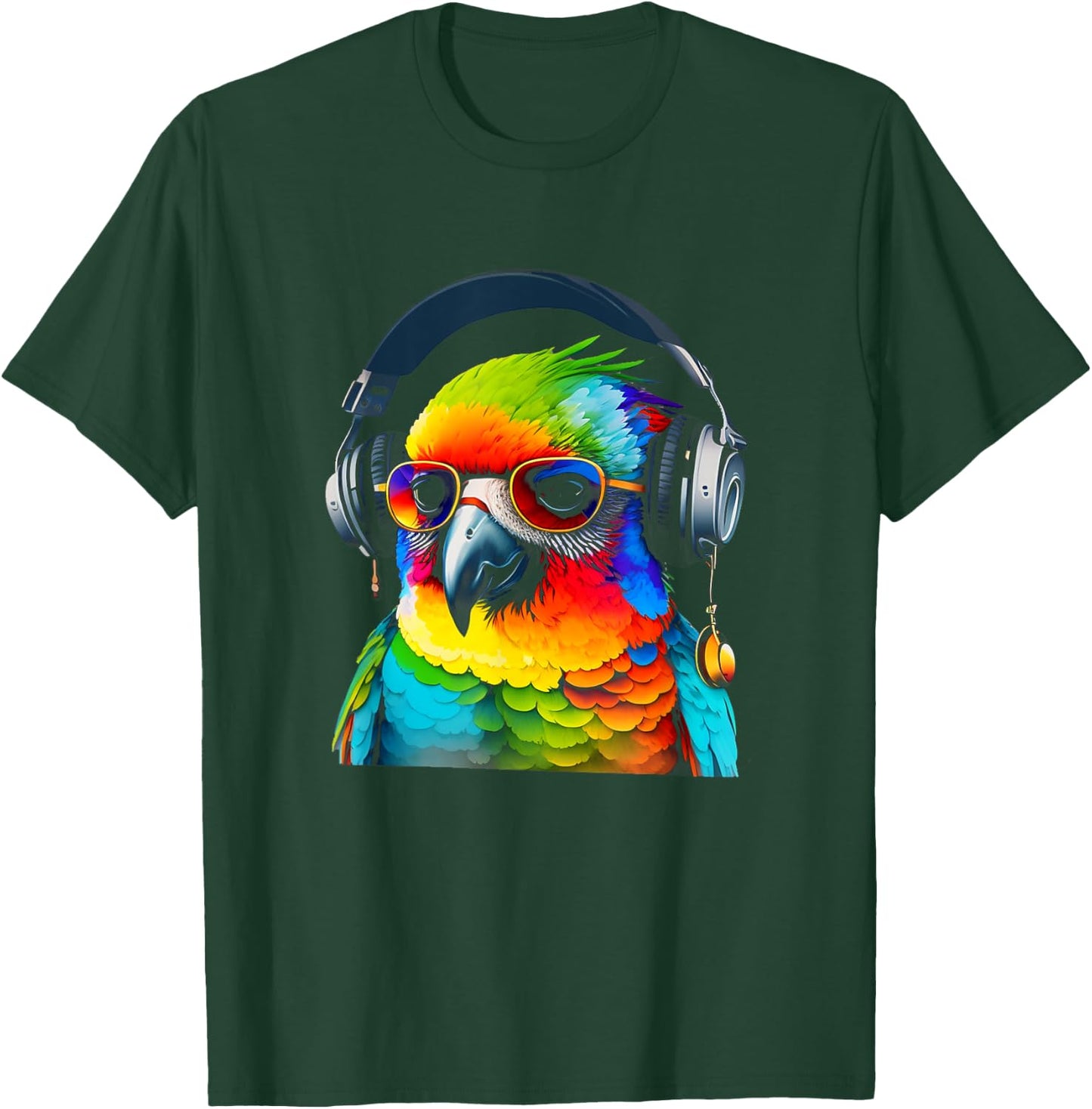 DJ Parrot with Sunglasses Headphones Music Funny Parrot T-Shirt - T-Shirt | Forest