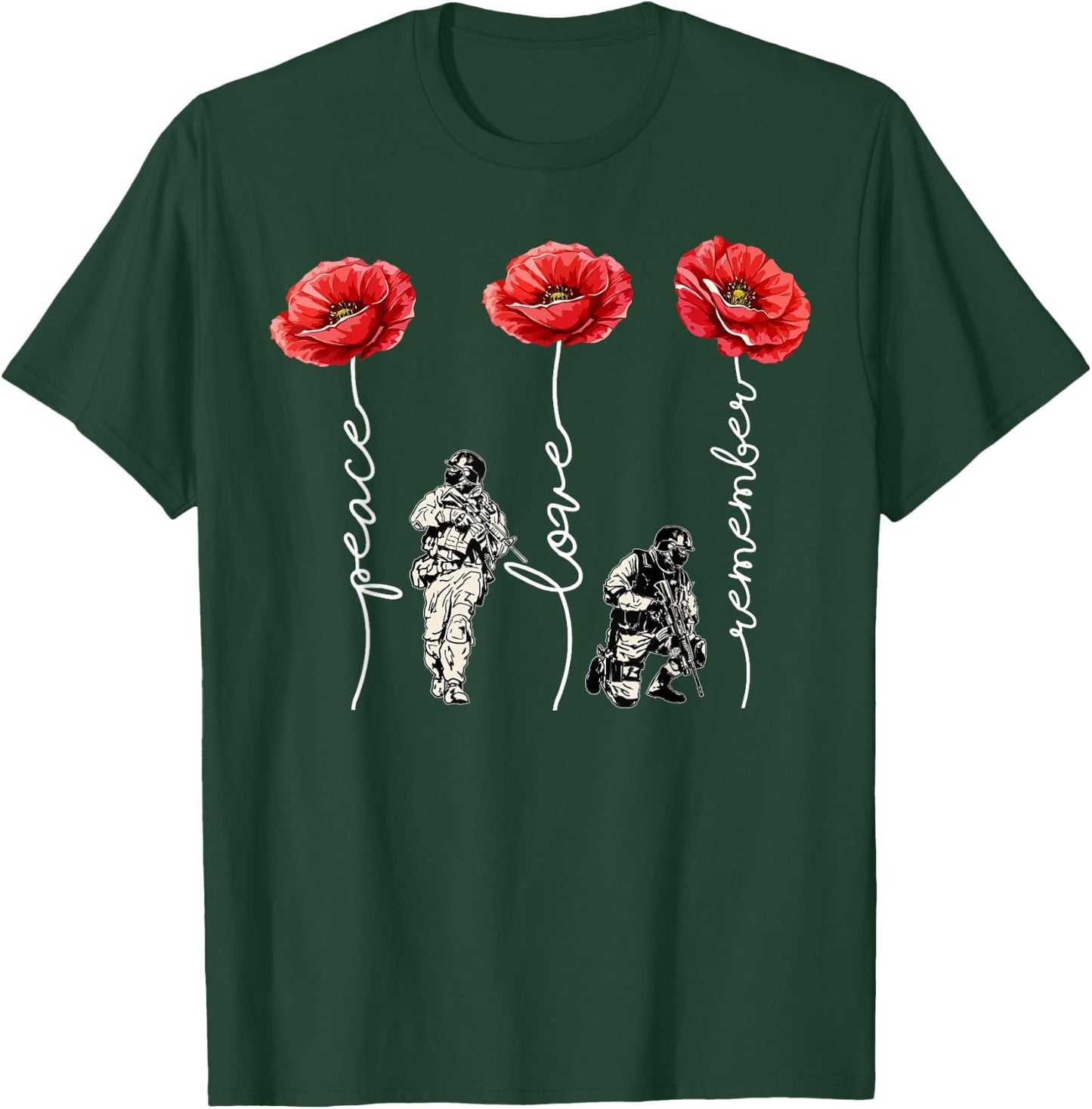 Peace Love Remember Red Poppy Flower Soldier Veteran Day T-Shirt - T-Shirt | Forest