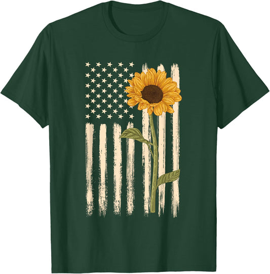 Patriotic American Flag Sunflower casual graphic T-Shirt - T-Shirt | Forest