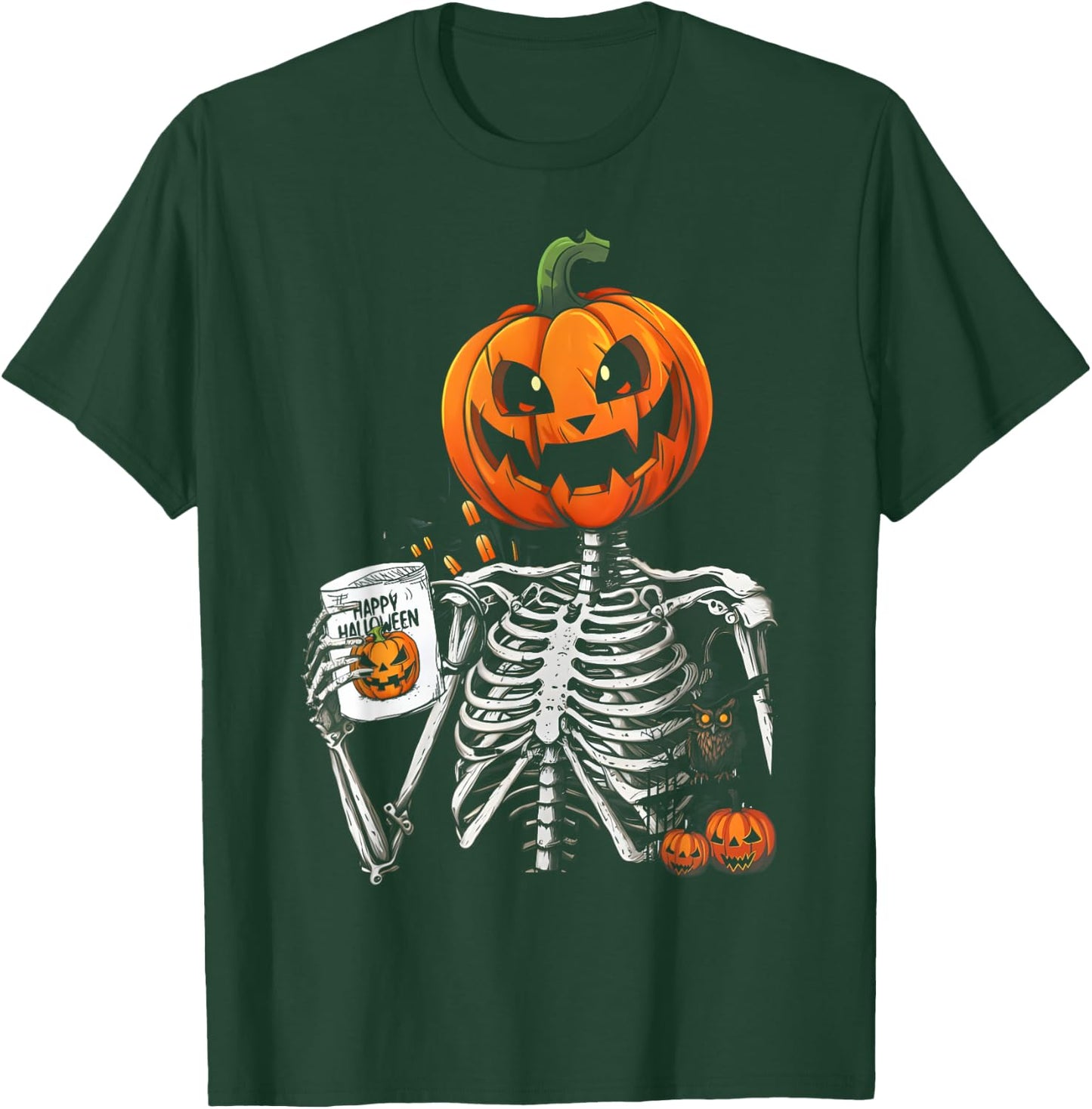 Coffee Drinking Skeleton Pumpkin Halloween Costume Women Men T-Shirt - T-Shirt | Forest