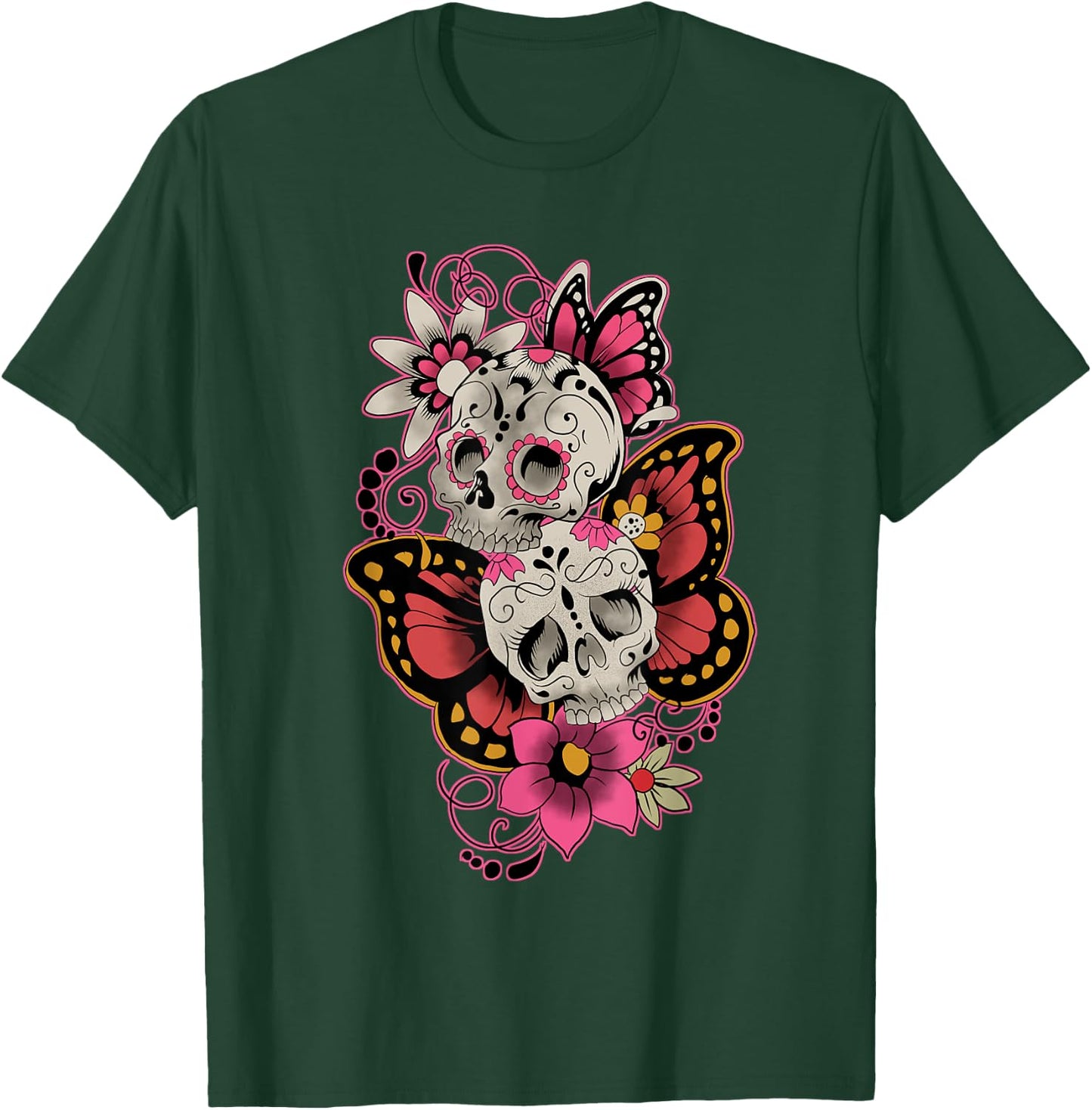 Sugar Skull Butterfly Flowers Day Of The Dead Men Women T-Shirt - T-Shirt | Forest
