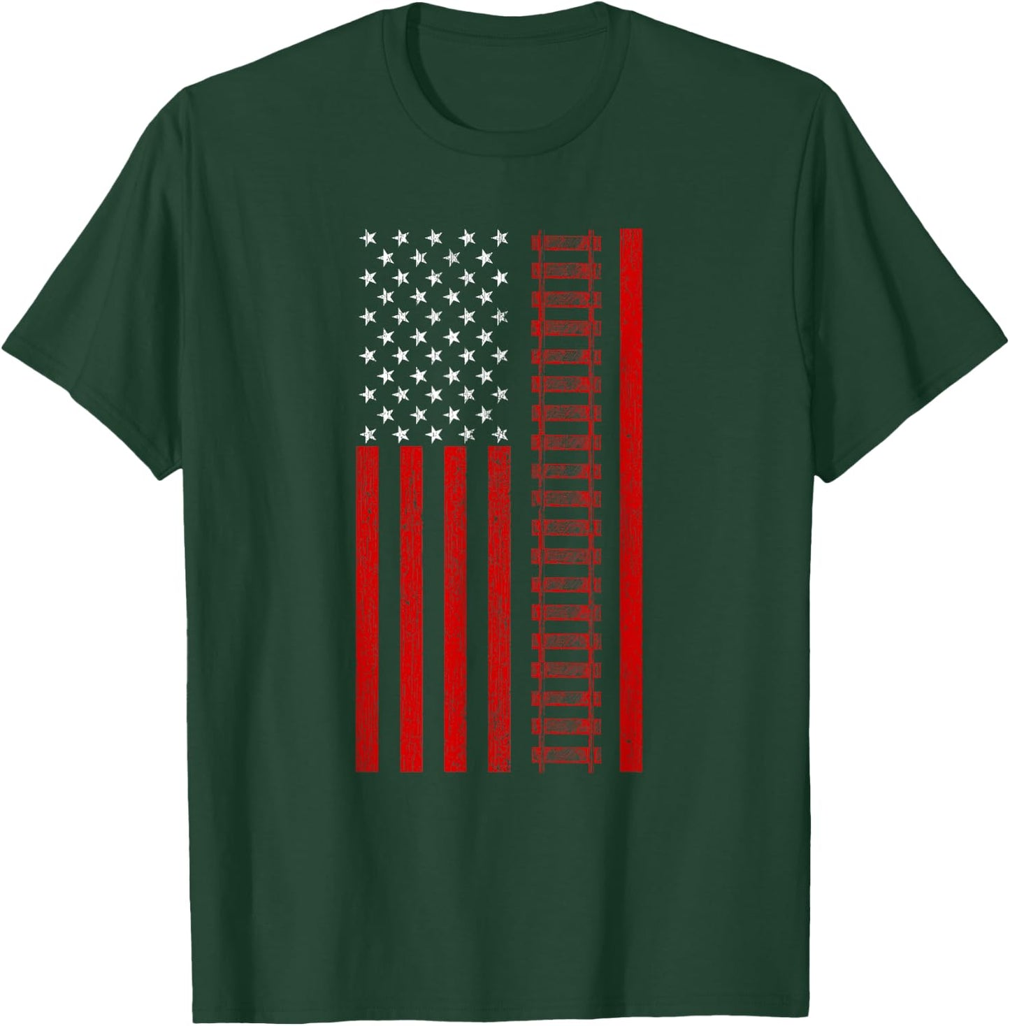 American Railroad Worker Flag With Train Tracks Distressed T-Shirt - T-Shirt | Forest