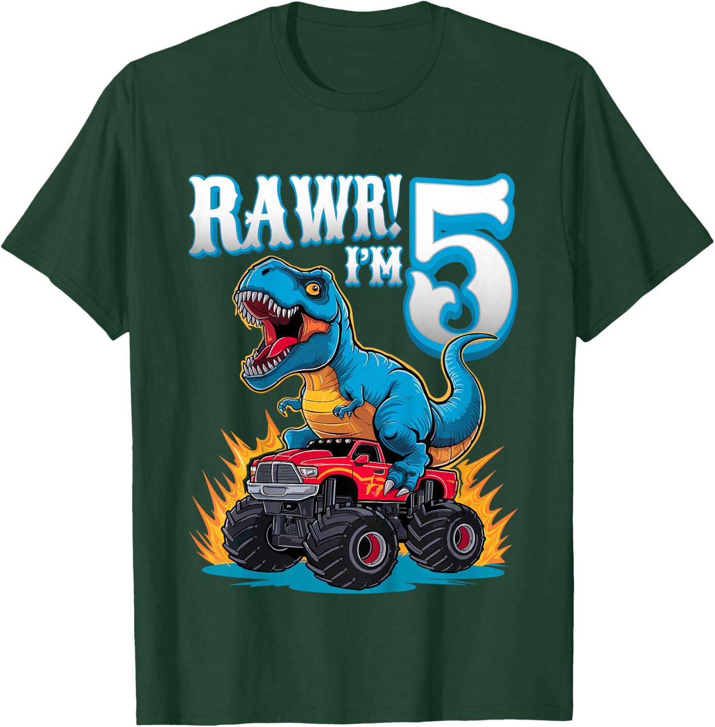 Rawr I'm 5 Year Old T-Rex Monster Truck 5th Birthday Party T-Shirt - T-Shirt | Forest