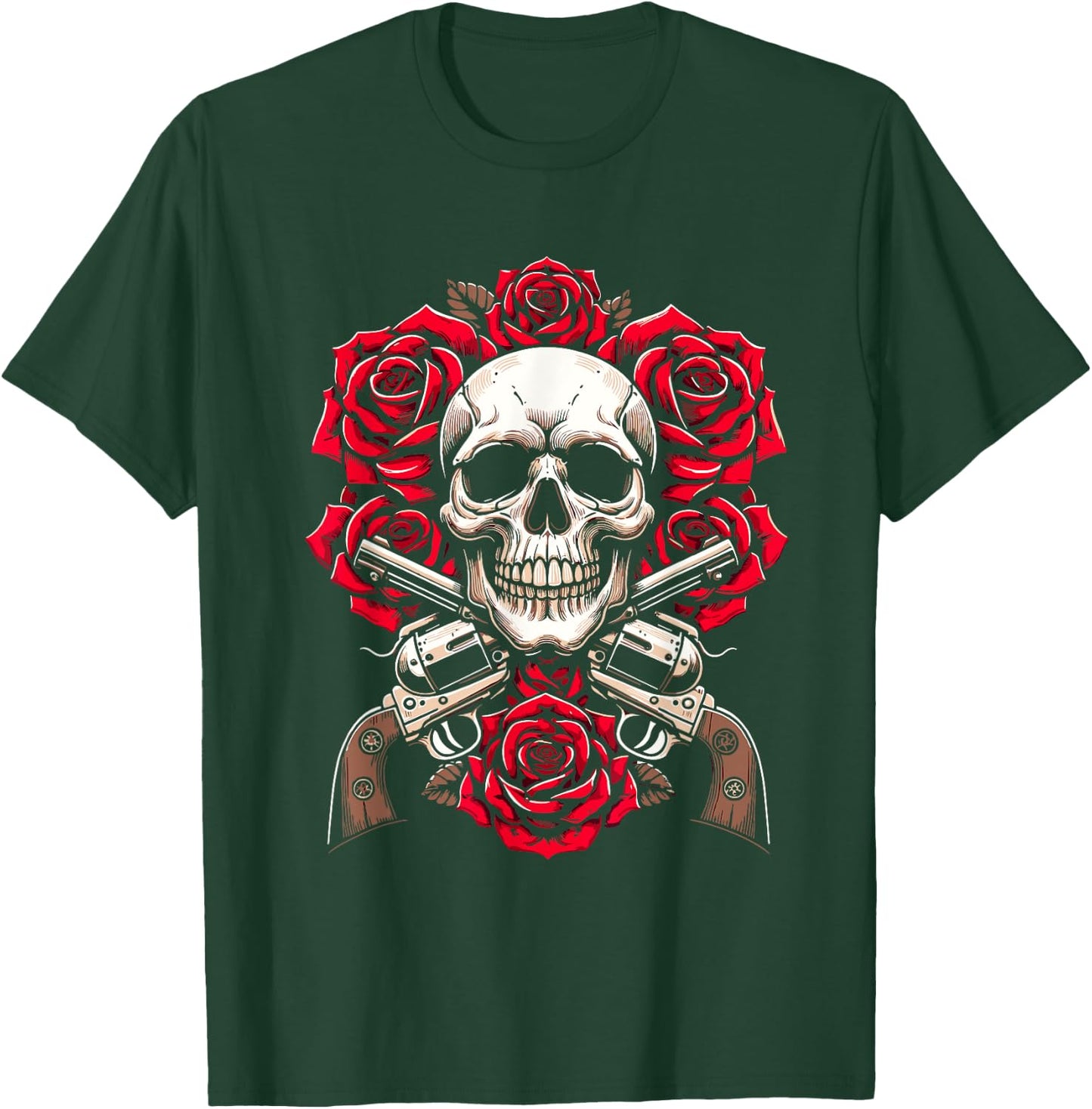 Guitar 80s Glam Rock - 1980s Skeleton Roses Skull Guns T-Shirt - T-Shirt | Forest