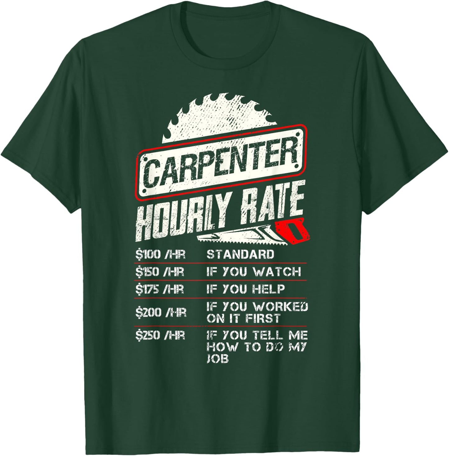 Carpenter Hourly Rate Funny Woodworking Men Labor Rates T-Shirt - T-Shirt | Forest