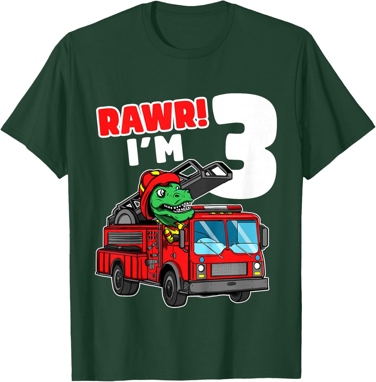 Kids Dinosaur Fire Truck 3rd Birthday Boy 3 T-Rex Firefighter T-Shirt - T-Shirt | Forest