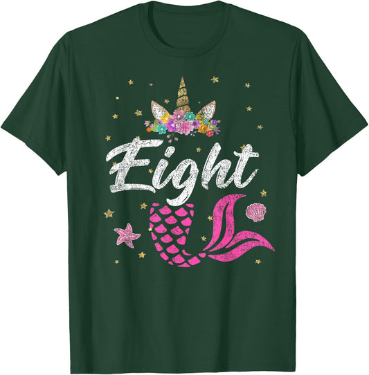 8th Birthday Girl Unicorn Shirt Mermaid Tail 8 Years Old T-Shirt - T-Shirt | Forest