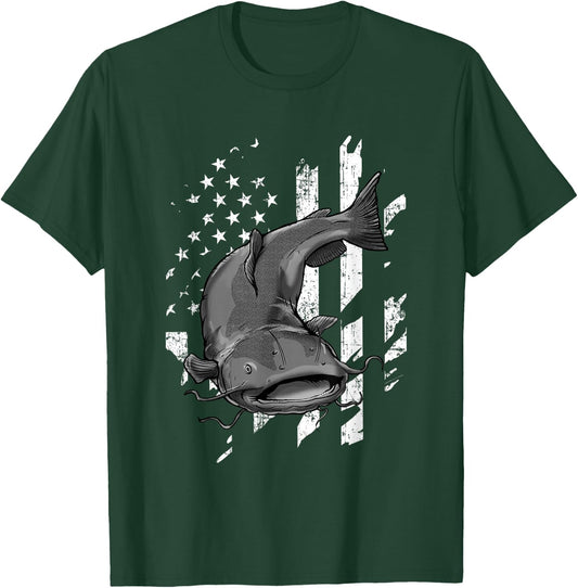 Catfishing American Flag - Catfish Angler Fisherman T-Shirt - T-Shirt | Forest