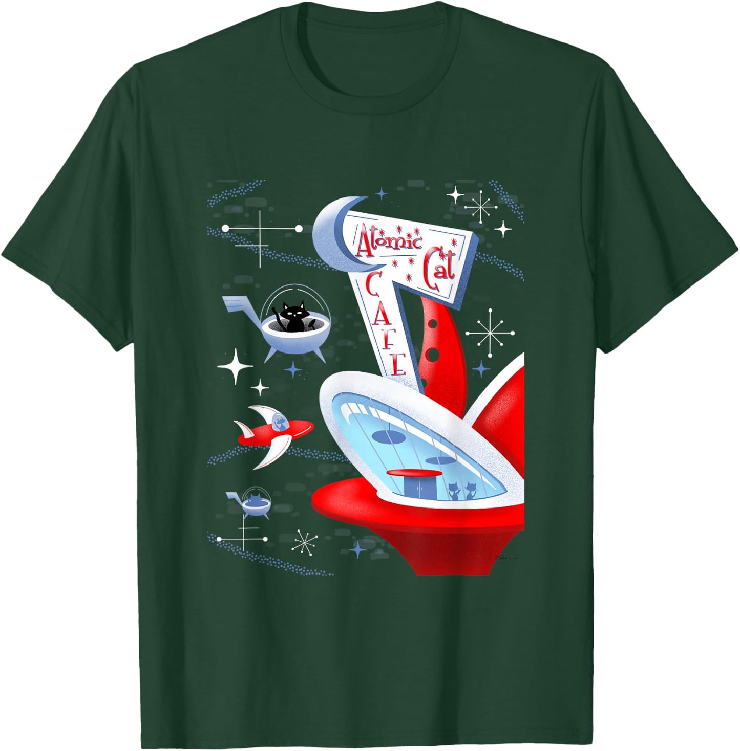Funny Atomic Cat Cafe Retro Futuristic Spaceport Mid Century T-Shirt - T-Shirt | Forest