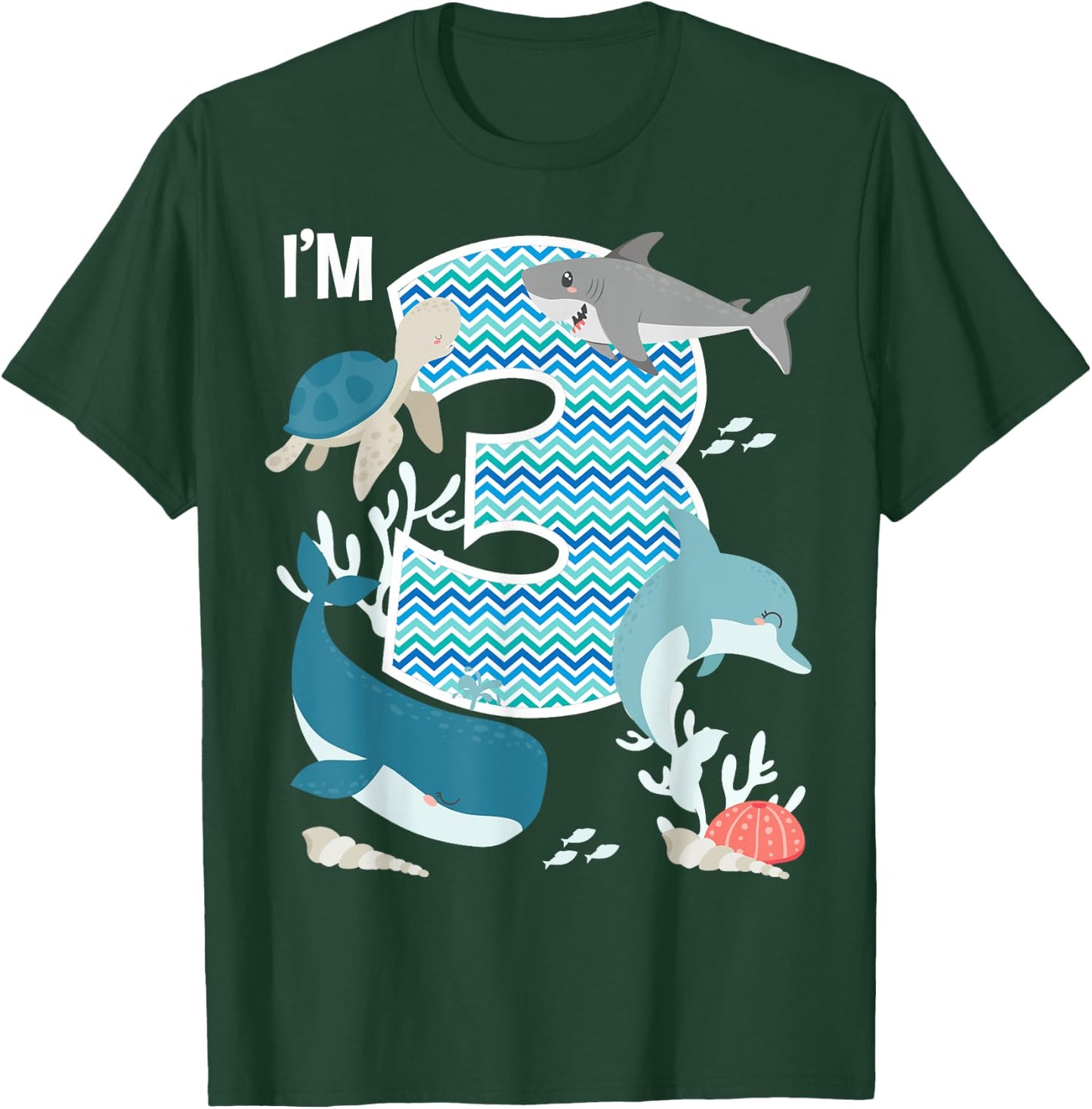 Kids 3 Year Old Ocean Life Whale Dolphin Shark 3rd Birthday T-Shirt - T-Shirt | Forest