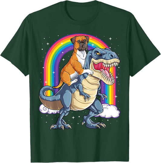 Boxer Riding Dinosaur T-rex Gift Dog Lover Boys Kids Rainbow T-Shirt - T-Shirt | Forest