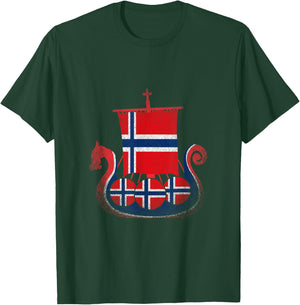 Norwegian Flag Proud Norway Viking Ship - Men's Black Small Classic Fit Short Sleeve Cotton Polyester T-Shirt - T-Shirt | Forest