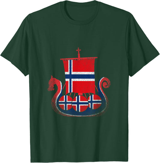 Norwegian Flag Proud Norway Viking Ship - Men's Black Small Classic Fit Short Sleeve Cotton Polyester T-Shirt - T-Shirt | Forest