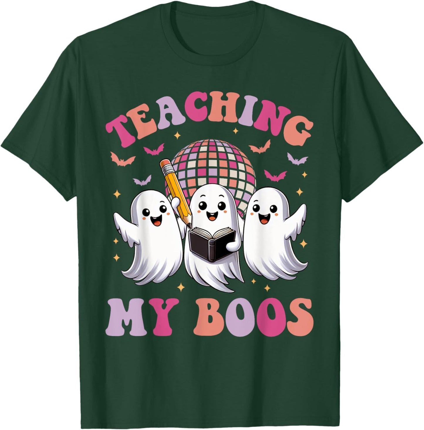 Groovy Teaching My Boos Crew Funny Ghost Halloween Teacher T-Shirt - T-Shirt | Forest