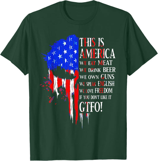 This Is America We Eat Meat We Drink Beer We Own Guns Skull T-Shirt - T-Shirt | Forest