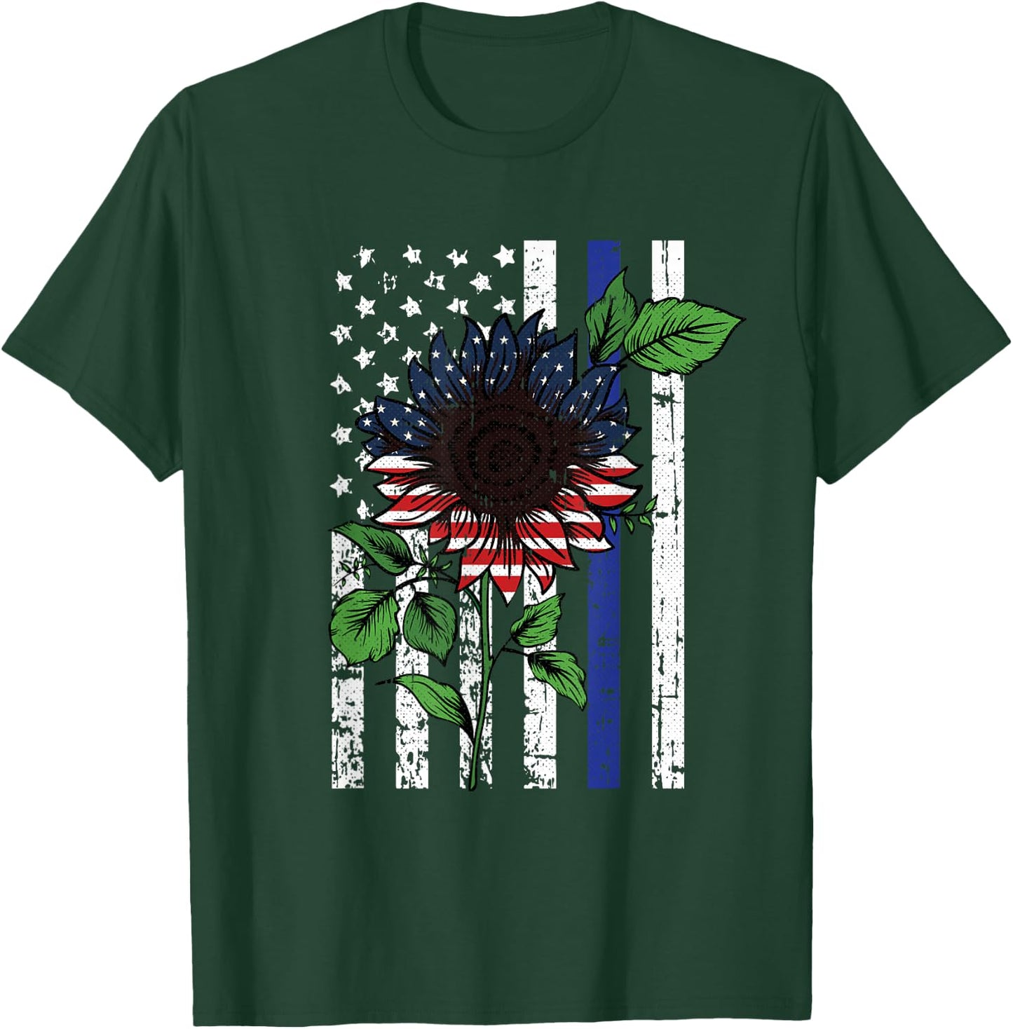 Sunflower American Flag 4th Of July Blue Line USA Police T-Shirt - T-Shirt | Forest