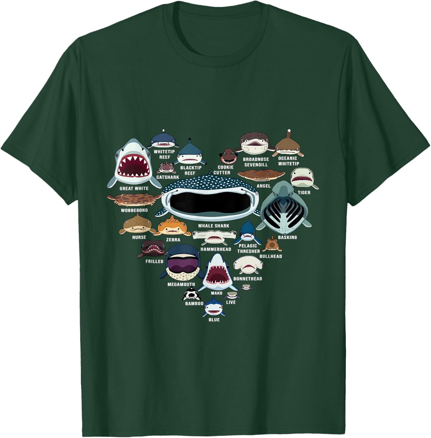 Types Of Shark Identification - Shark Faces - Shark Heart T-Shirt - T-Shirt | Forest