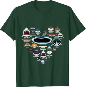 Types Of Shark Identification - Shark Faces - Shark Heart T-Shirt - T-Shirt | Forest