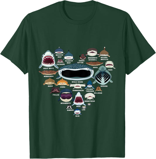 Types Of Shark Identification - Shark Faces - Shark Heart T-Shirt - T-Shirt | Forest