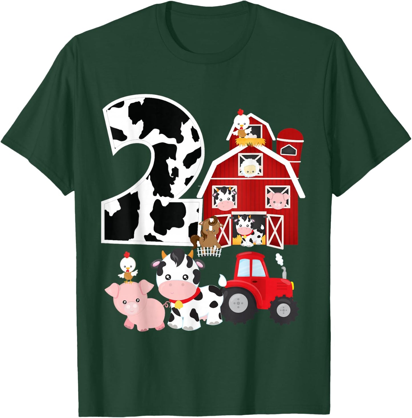 Farm Barnyard Theme Pig Cow Horse 2nd Birthday 2 Yrs Old T-Shirt - T-Shirt | Forest
