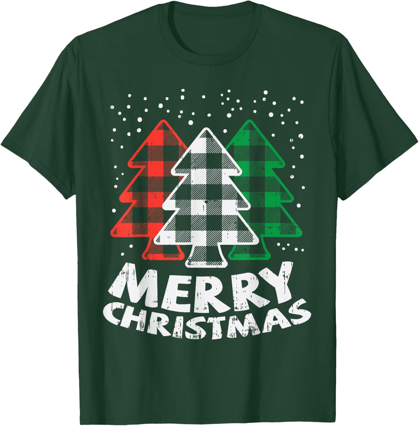 Green White Red Buffalo Plaid Merry Christmas Trees Gift T-Shirt - T-Shirt | Forest