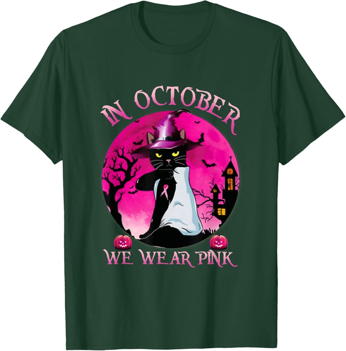 Black Cat In October We Wear Pink Funny Halloween Gifts T-Shirt - T-Shirt | Forest