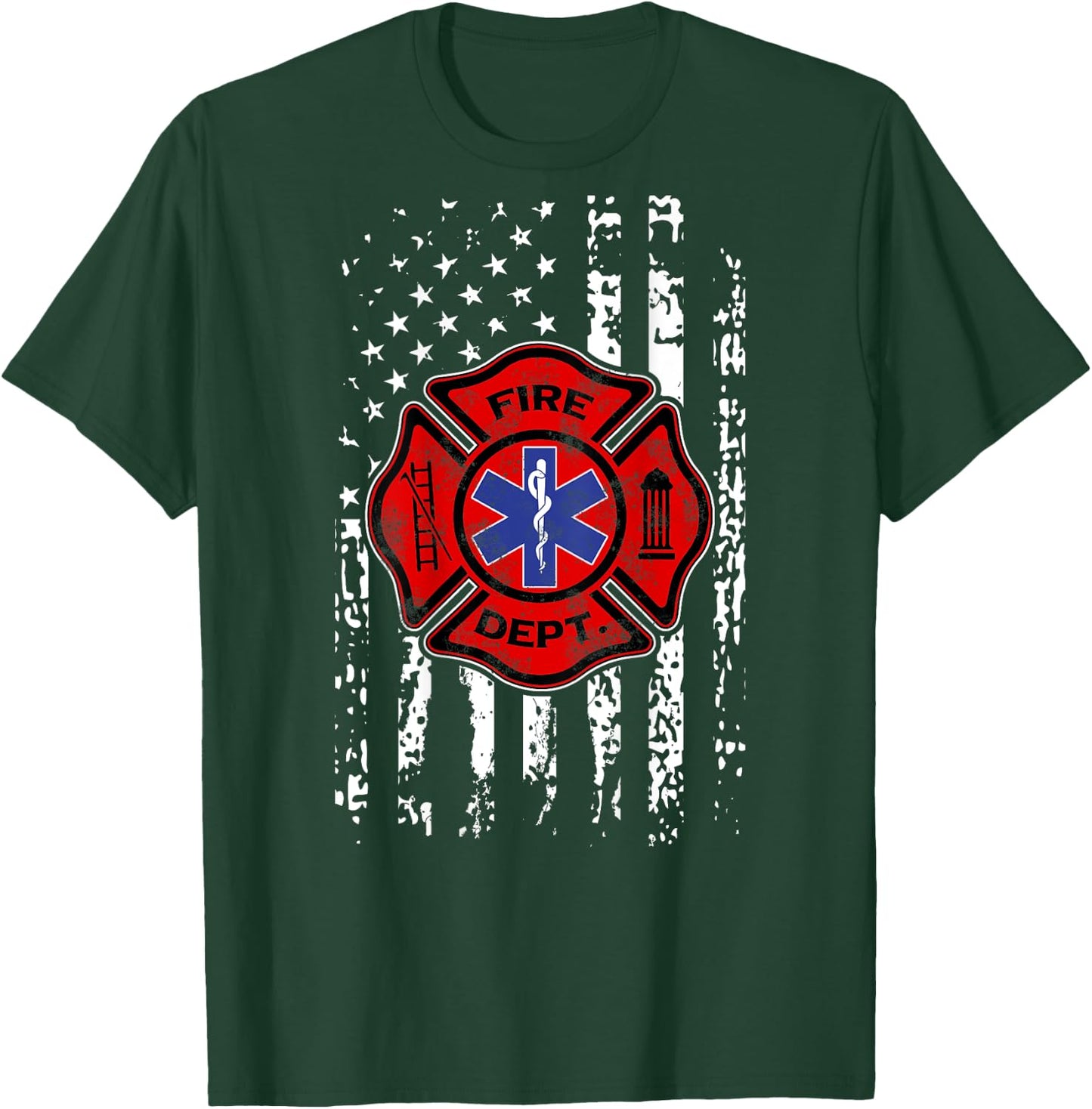 EMT Firefighter Shirt Fireman EMS USA Flag Gift Back Print T-Shirt - T-Shirt | Forest