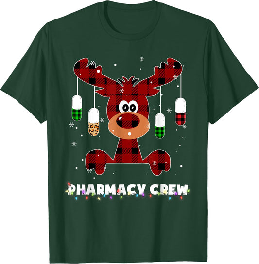 Funny Red Plaid Reindeer Pharmacy Crew Christmas Gift T-Shirt - T-Shirt | Forest