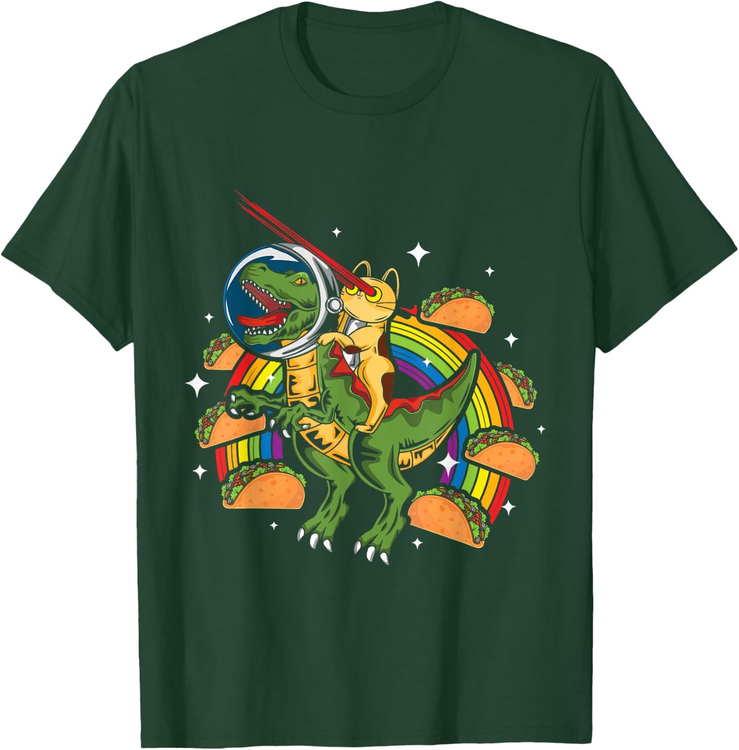Crazy T-Rex Riding Cat Laser Eye Taco Rainbow Space Dinosaur Women Girls Kids T-Shirt - T-Shirt | Forest