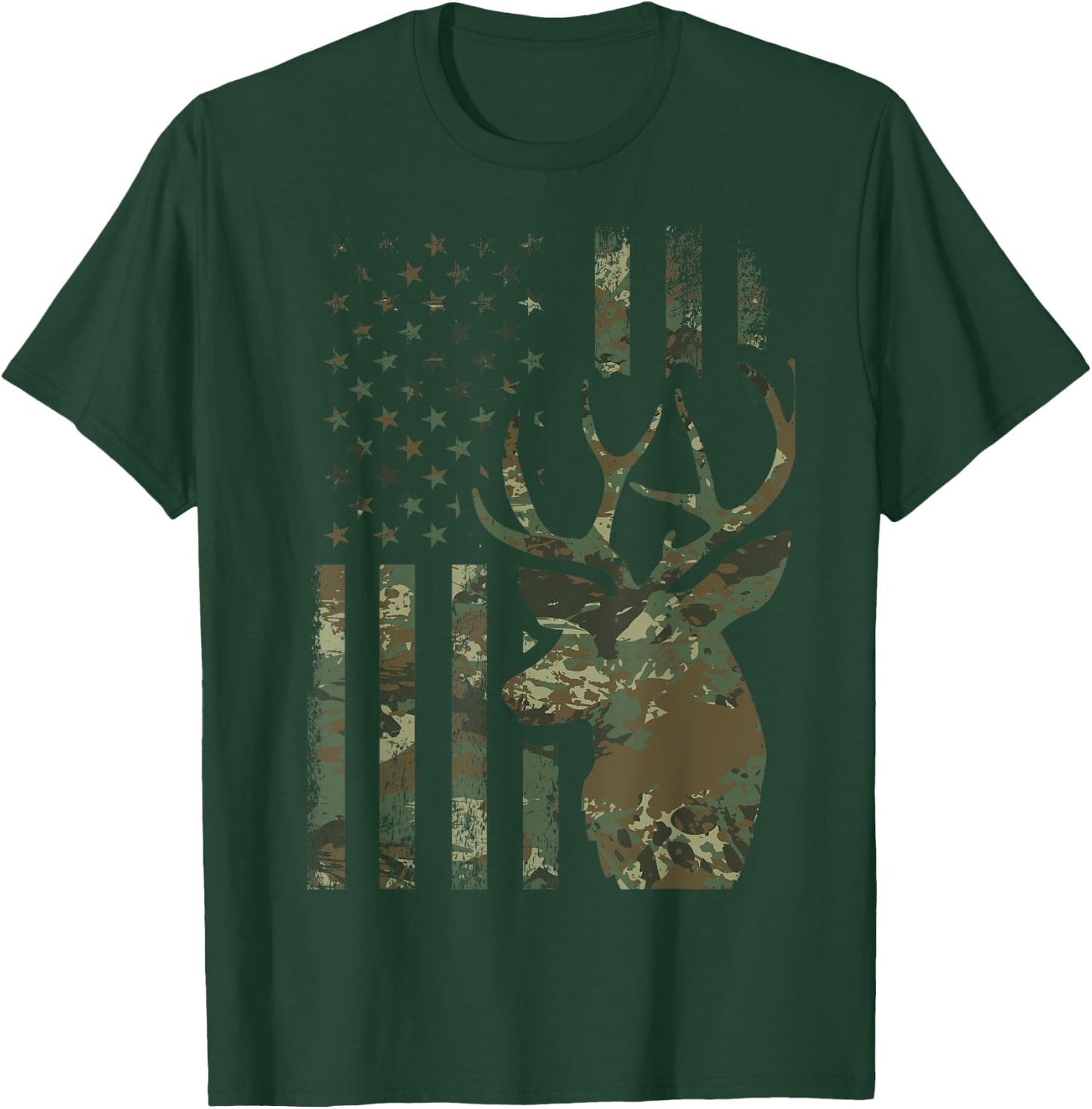 Camo American Flag Buck Hunting Gift Elk Deer Hunter Men T-Shirt - T-Shirt | Forest
